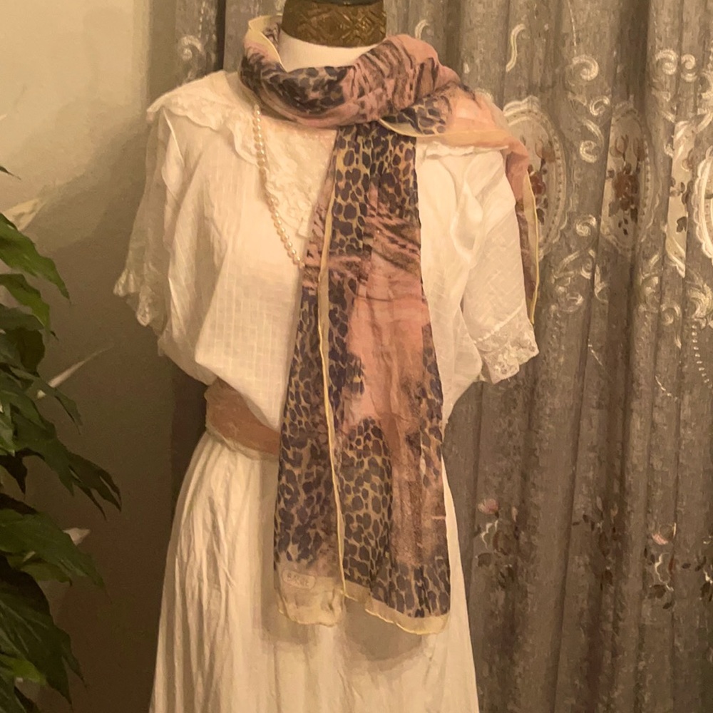 BASILE Chiffon SILK Pink Denim Leopard ♥️SCARF VTG